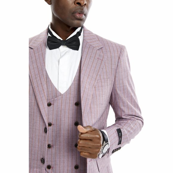 Men's Pinstripe 3-Piece Suit w/ Double Breasted Vest, Dusty Rose - Picture 4 of 8